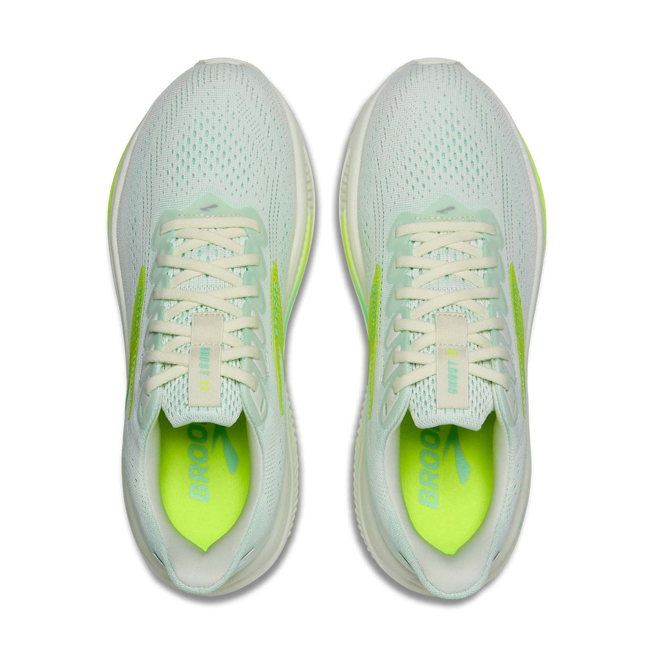 The uppers of a pair of Brooks Women's Ghost 17 Running Shoes in the Bluewash/Nightlife Yucca colourway.