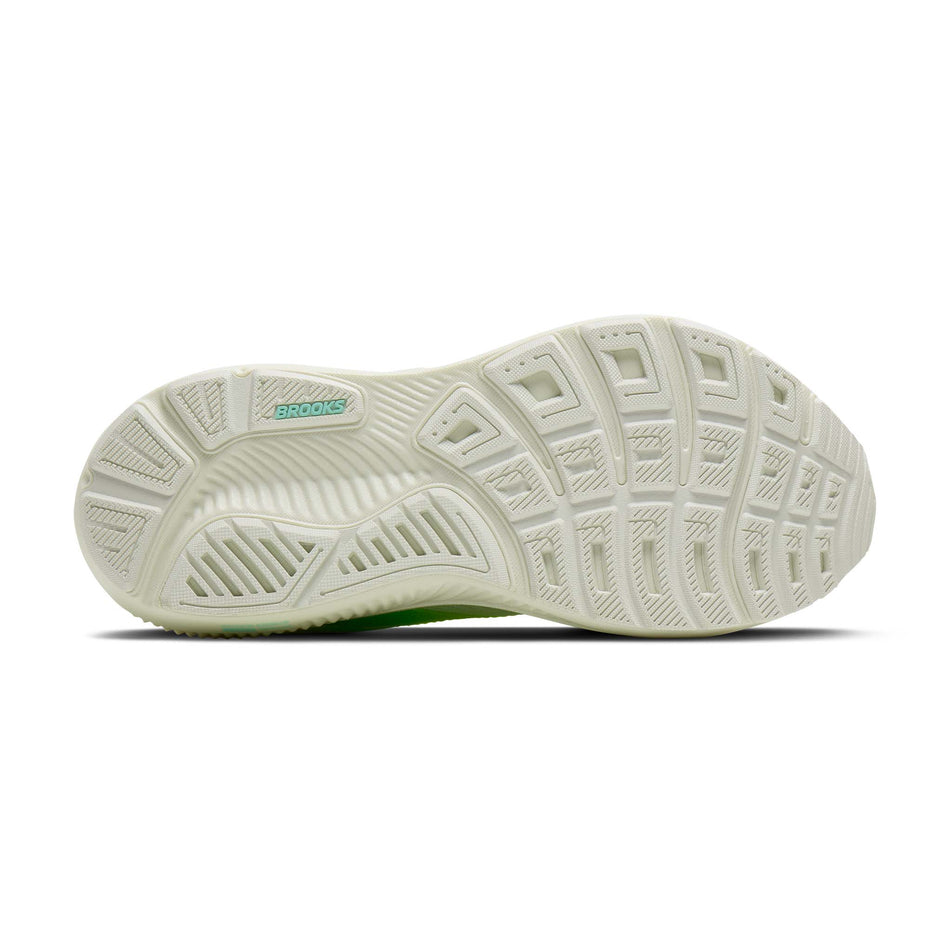 The outsole of the right shoe from a pair of Brooks Women's Ghost 17 Running Shoes in the Bluewash/Nightlife Yucca colourway.