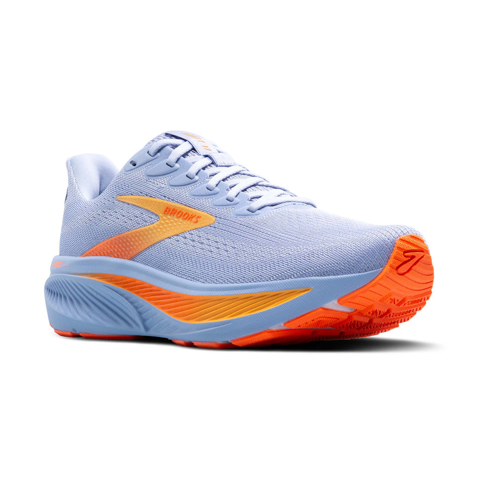 Lateral view of the right shoe from a pair of Brooks Women's Ghost 17 Running Shoes in the Blue Heron/White/Orange colourway. (8651174281378)