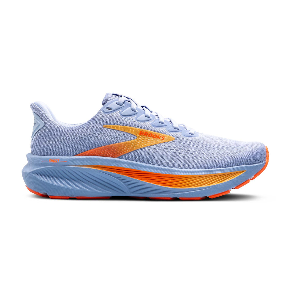 Lateral view of the right shoe from a pair of Brooks Women's Ghost 17 Running Shoes in the Blue Heron/White/Orange colourway. (8651174281378)