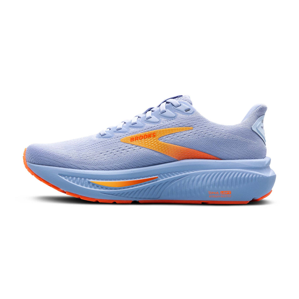 Medial view of the right shoe from a pair of Brooks Women's Ghost 17 Running Shoes in the Blue Heron/White/Orange colourway. (8651174281378)