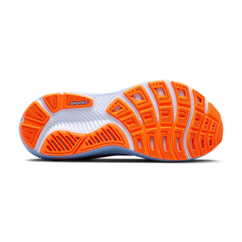 The outsole of the right shoe from a pair of Brooks Women's Ghost 17 Running Shoes in the Blue Heron/White/Orange colourway. (8651174281378)