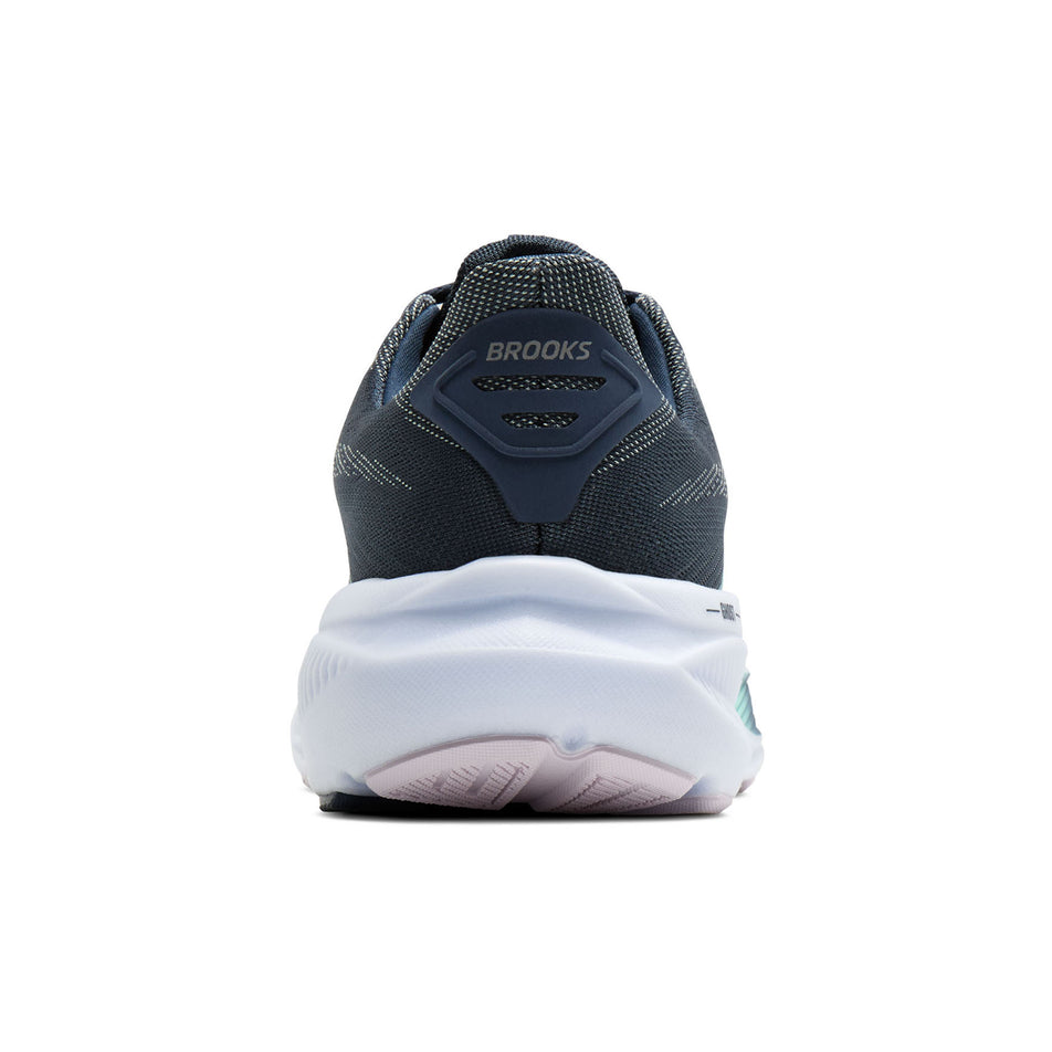 The back of the right shoe from a pair of the Brooks Women's Ghost 17 Running Shoes in the Spellbound/Yucca/Pink colourway.