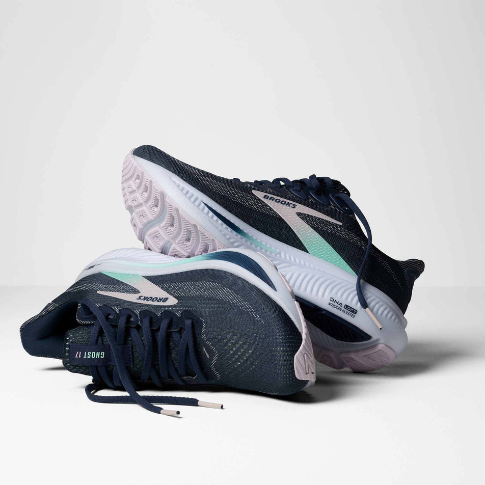 A pair of the Brooks Women's Ghost 17 Running Shoes in the Spellbound/Yucca/Pink colourway.