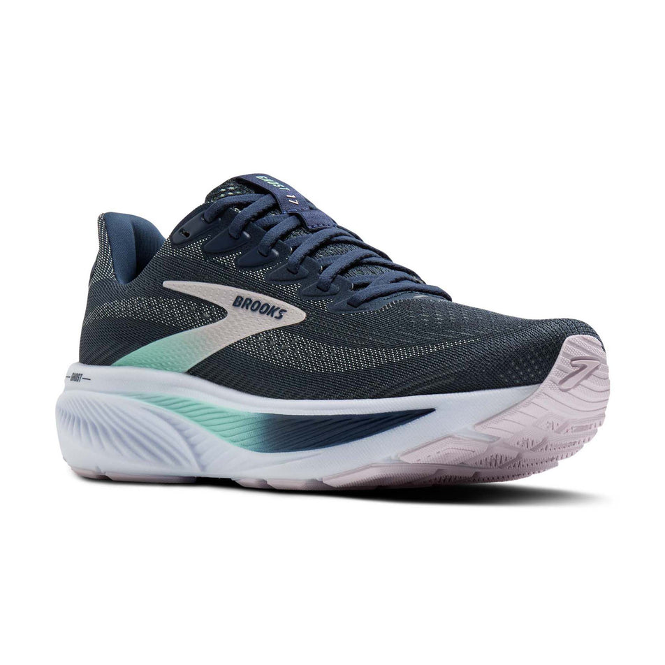 Lateral view of the right shoe from a pair of the Brooks Women's Ghost 17 Running Shoes in the Spellbound/Yucca/Pink colourway.