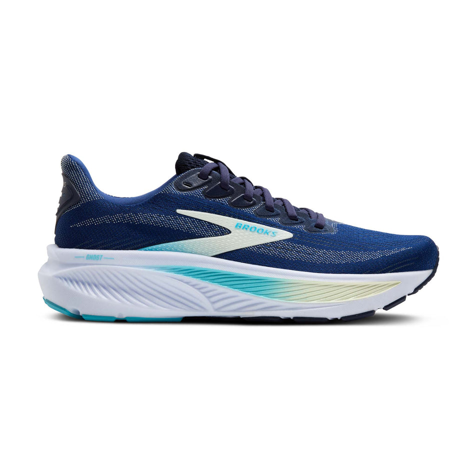 Lateral view of the right shoe from a pair of Brooks Women's Ghost 17 Running Shoes in the Navy/Green/Turquoise colourway. (8651171365026)