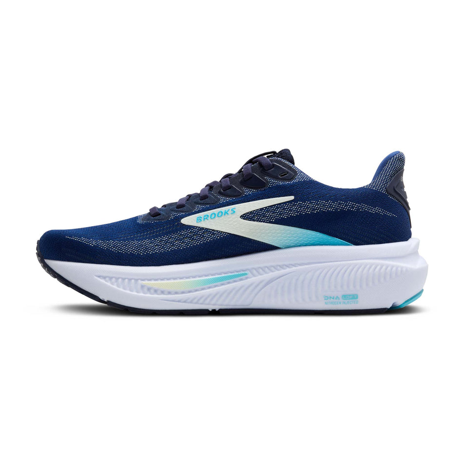 Medial view of the right shoe from a pair of Brooks Women's Ghost 17 Running Shoes in the Navy/Green/Turquoise colourway. (8651171365026)