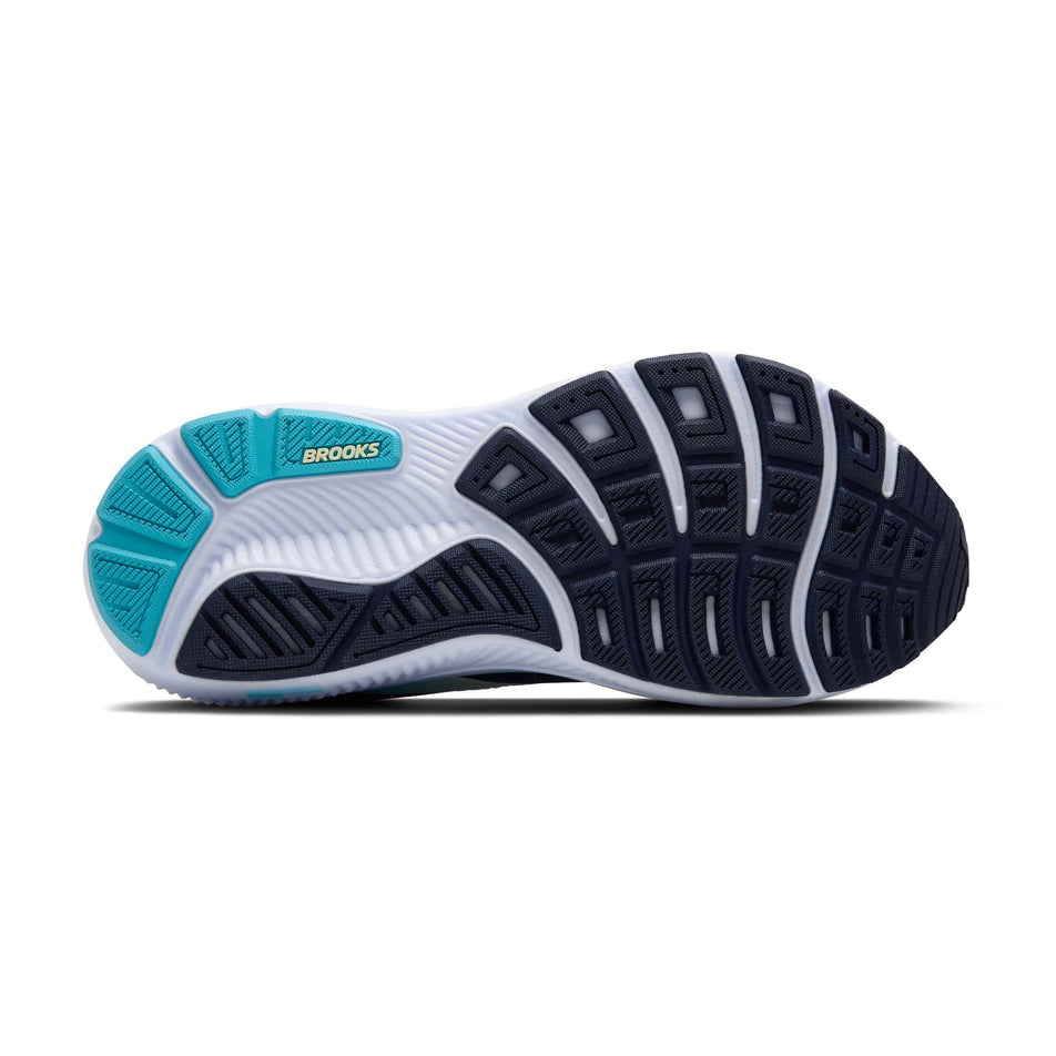 The outsole of the right shoe from a pair of Brooks Women's Ghost 17 Running Shoes in the Navy/Green/Turquoise colourway. (8651171365026)
