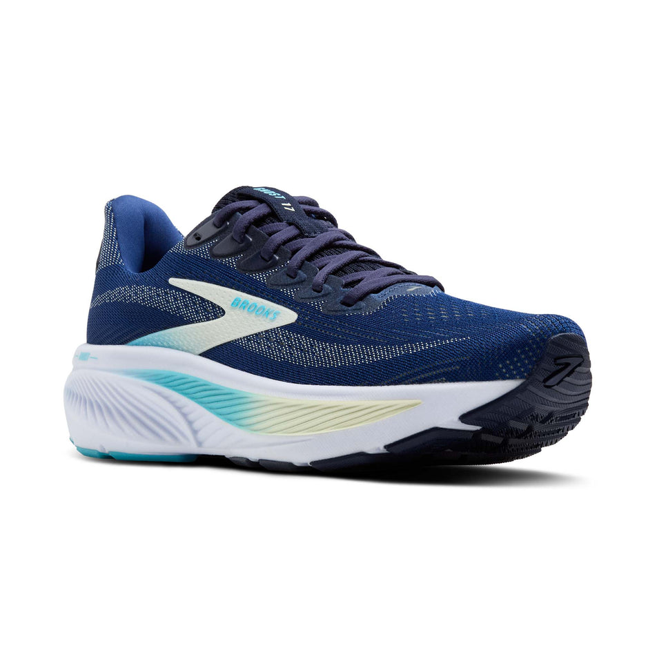 Lateral view of the right shoe from a pair of Brooks Women's Ghost 17 1D Running Shoes in the Navy/Green/Turquoise colourway. (8651186897058)
