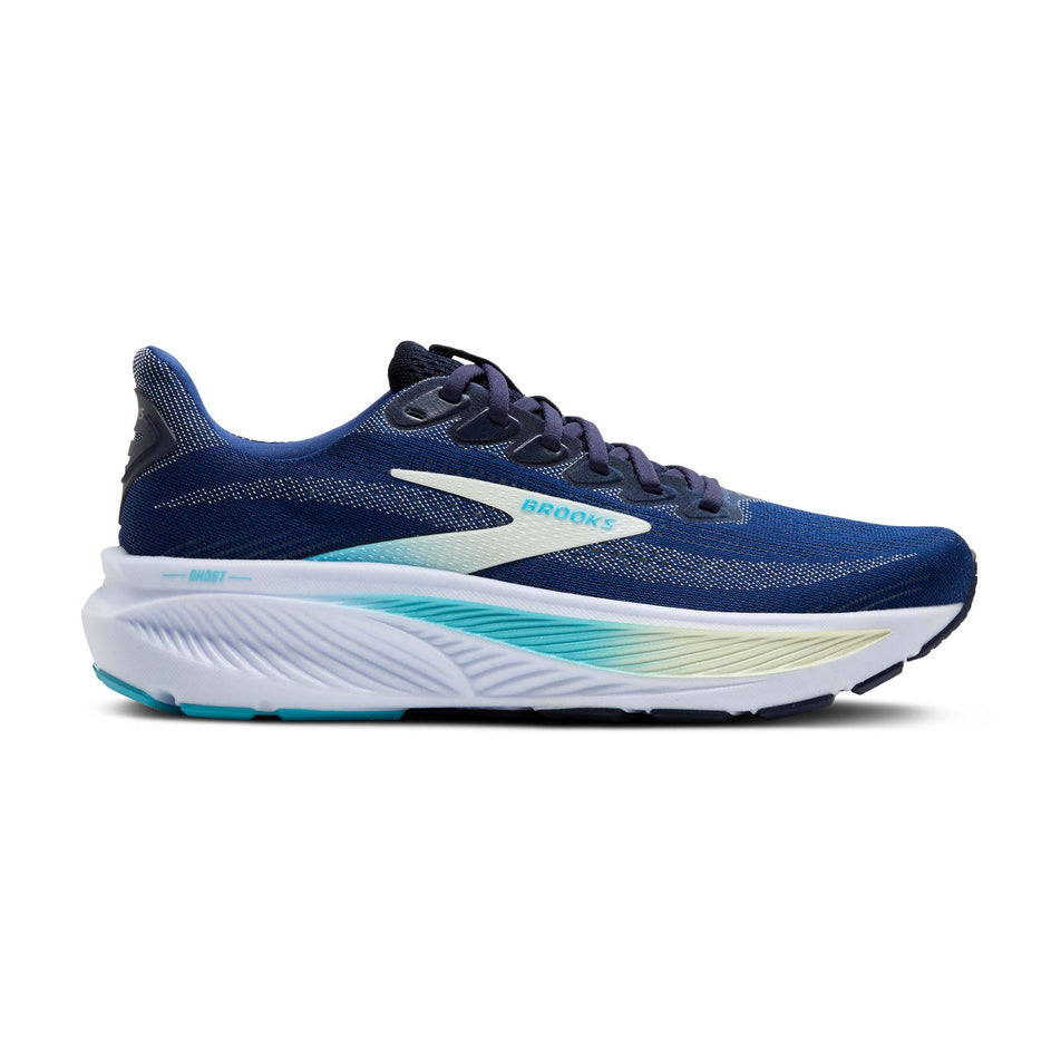 Lateral view of the right shoe from a pair of Brooks Women's Ghost 17 1D Running Shoes in the Navy/Green/Turquoise colourway. (8651186897058)