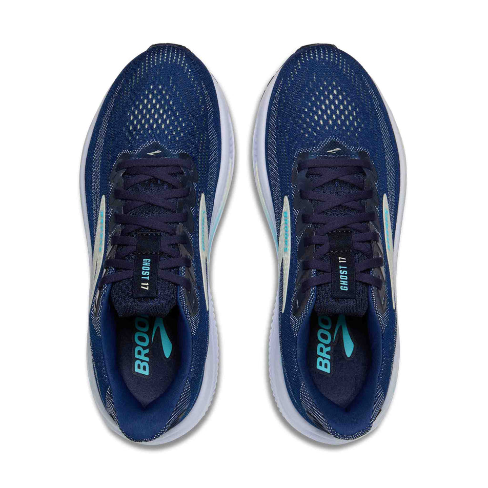 A pair of Brooks Women's Ghost 17 1D Running Shoes in the Navy/Green/Turquoise colourway. (8651186897058)
