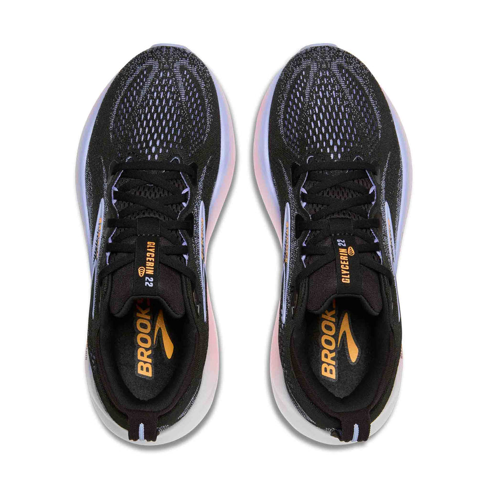 The uppers of a pair of Brooks Women's Glycerin 22 Running Shoes in the Black/Blue Heron/Orange colourway. (8651153604770)