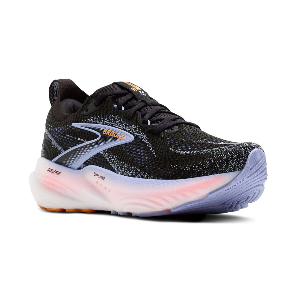 Lateral view of the right shoe from a pair of Brooks Women's Glycerin 22 Running Shoes in the Black/Blue Heron/Orange colourway. (8651153604770)