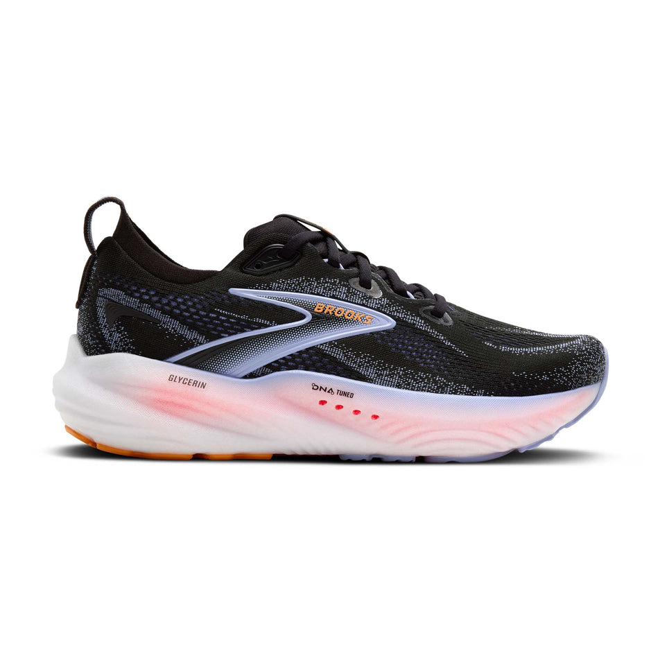 Lateral view of the right shoe from a pair of Brooks Women's Glycerin 22 Running Shoes in the Black/Blue Heron/Orange colourway. (8651153604770)