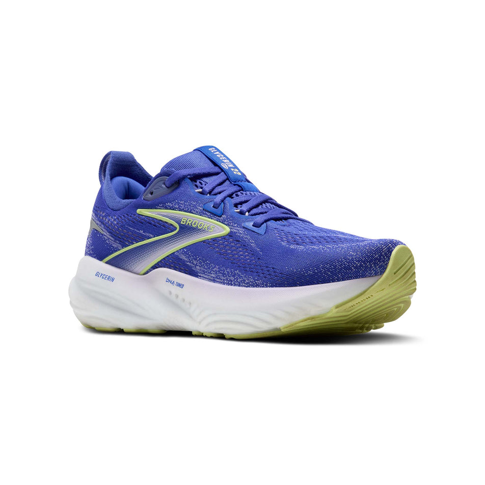 Lateral view of the right shoe from a pair of Brooks Women's Glycerin 22 Running Shoes in the Amparo Blue/Hyper Iris Yellow colourway. (8556077908130)