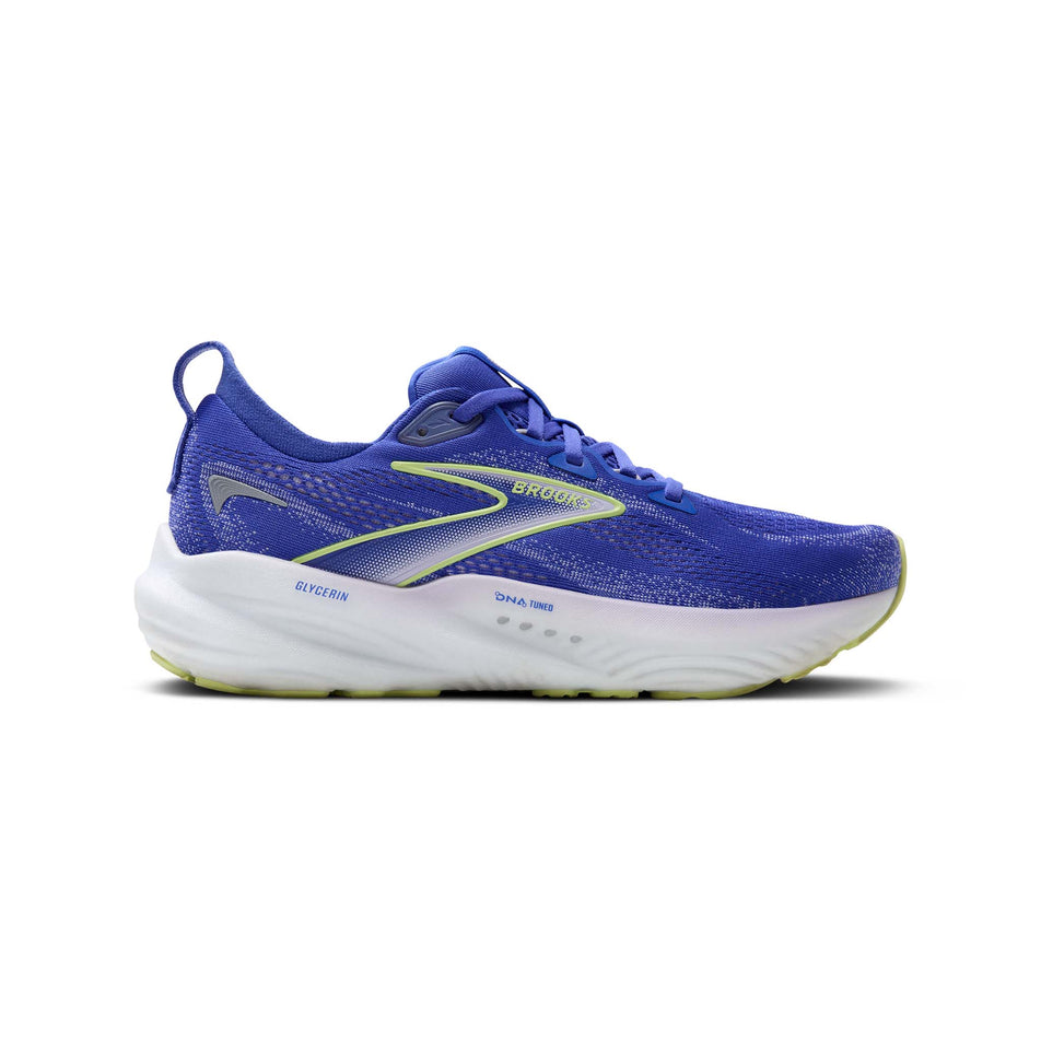 Lateral view of the right shoe from a pair of Brooks Women's Glycerin 22 Running Shoes in the Amparo Blue/Hyper Iris Yellow colourway. (8556077908130)