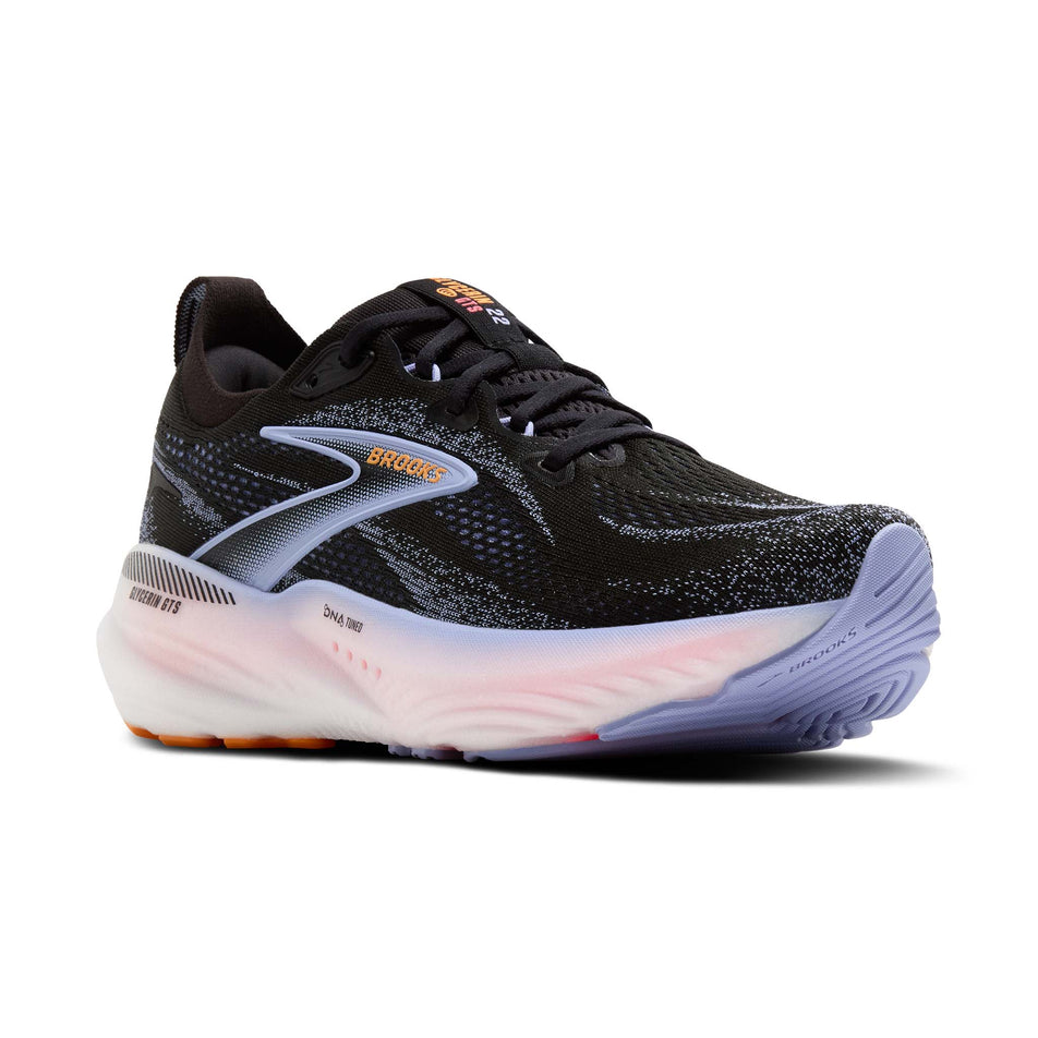 Lateral view of the right shoe from a pair of Brooks Women's Glycerin GTS 22 Running Shoes in the Black/Blue Heron/Orange colourway. (8651193614498)