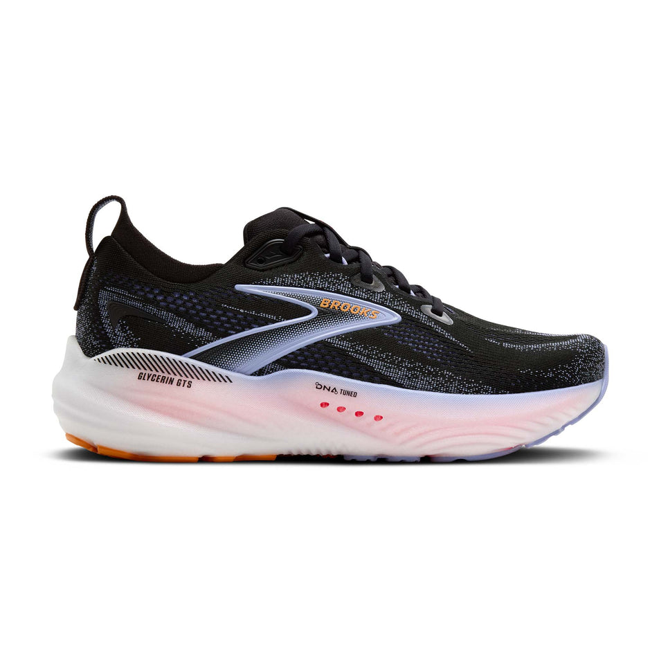 Lateral view of the right shoe from a pair of Brooks Women's Glycerin GTS 22 Running Shoes in the Black/Blue Heron/Orange colourway. (8651193614498)
