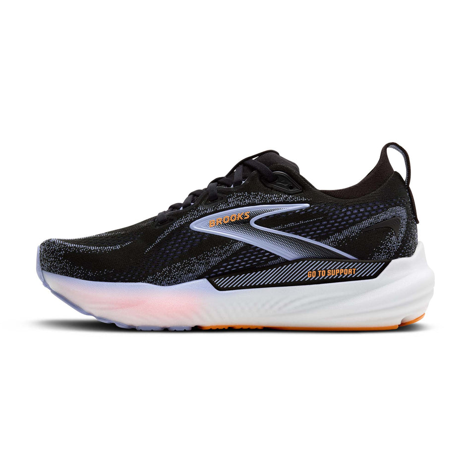 Medial view of the right shoe from a pair of Brooks Women's Glycerin GTS 22 Running Shoes in the Black/Blue Heron/Orange colourway. (8651193614498)