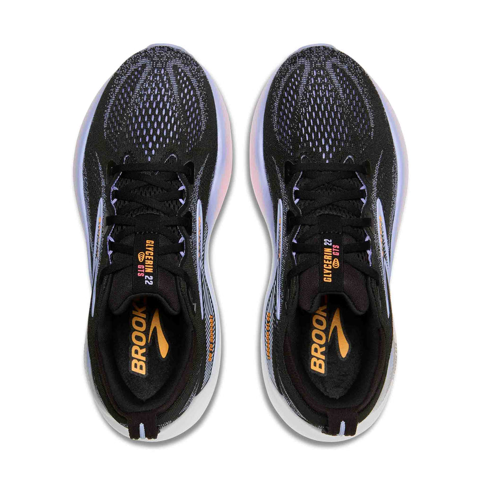 A pair of Brooks Women's Glycerin GTS 22 Running Shoes in the Black/Blue Heron/Orange colourway. (8651193614498)