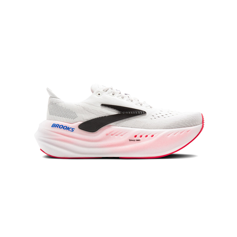 Lateral view of the right shoe from a pair of Brooks Women's Glycerin Max Running Shoes in the White/Black/Diva Pink colourway. (8500146667682)