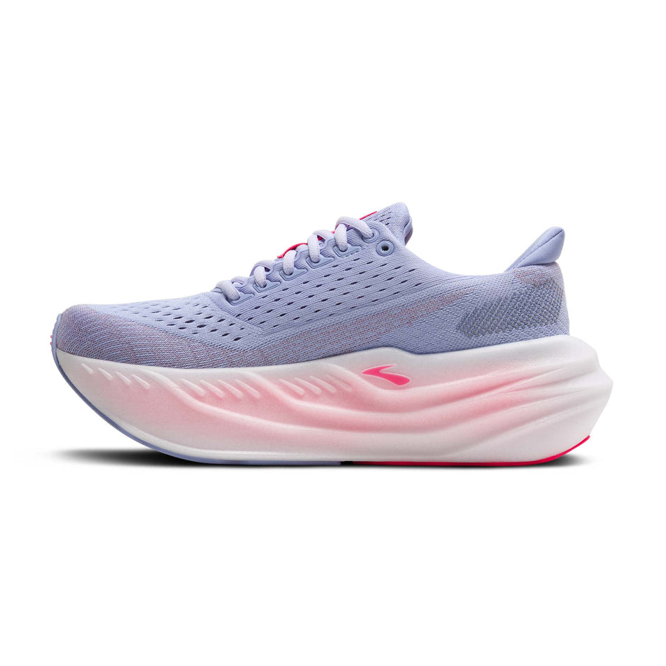Medial view of the right shoe from a pair of Brooks Women's Glycerin Max Running Shoes in the Blue Heron/Diva Pink/White colourway. (8651071783074)