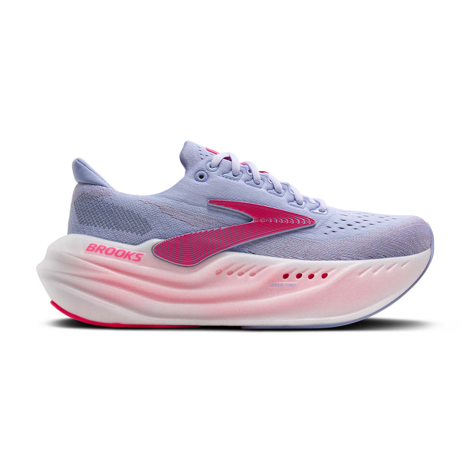 Lateral view of the right shoe from a pair of Brooks Women's Glycerin Max Running Shoes in the Blue Heron/Diva Pink/White colourway. (8651071783074)