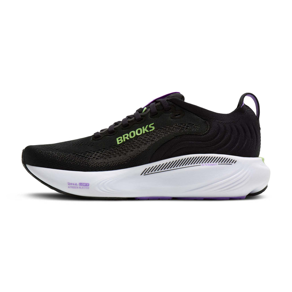 Medial view of the right shoe from a pair of Brooks Women's Adrenaline GTS 25 Running Shoes in the Black/Black Pearl/Purple colourway.