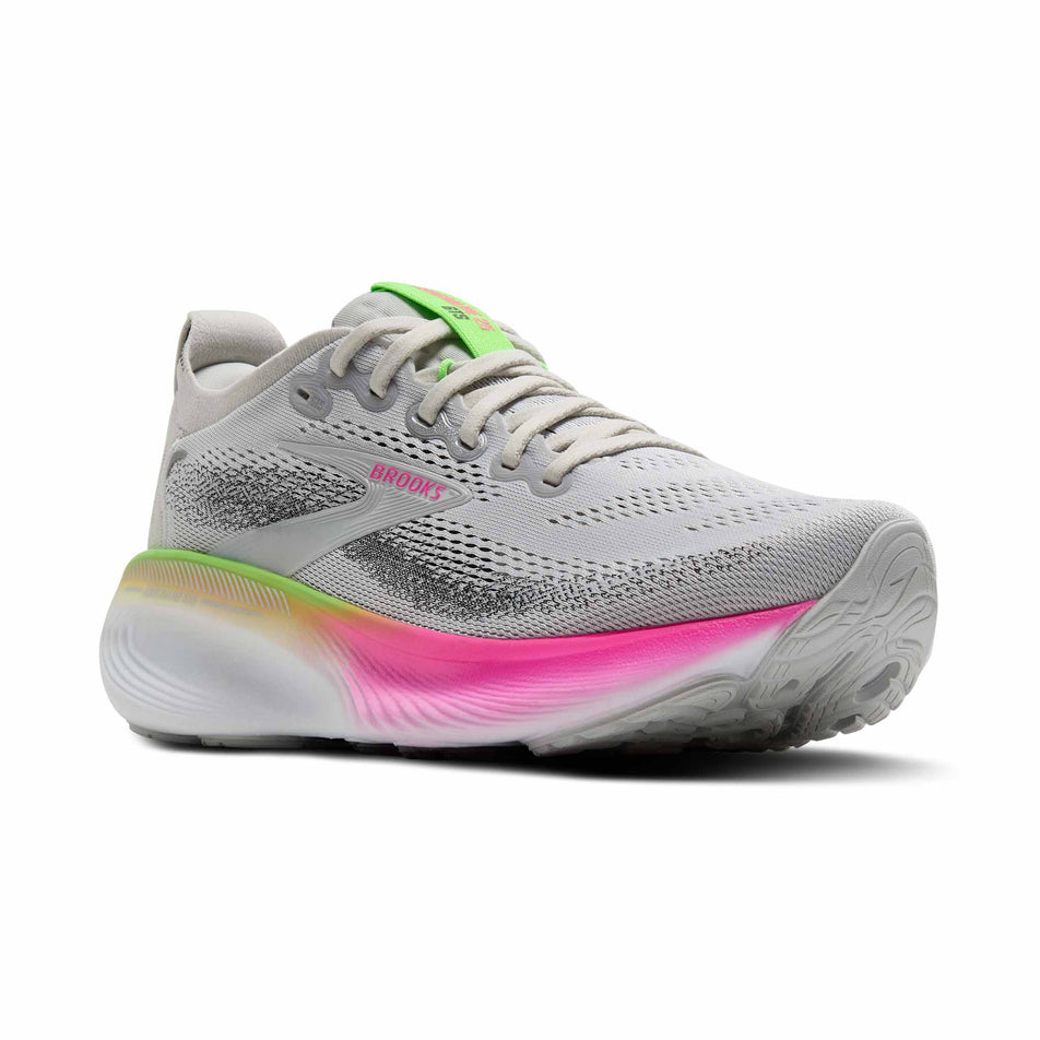 Lateral view of the right shoe from a pair of Brooks Women's Adrenaline GTS 25 1D Running Shoes in the Oyster/Pink/Green colourway.