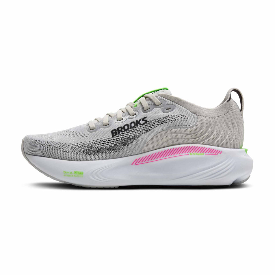 Medial view of the right shoe from a pair of Brooks Women's Adrenaline GTS 25 1D Running Shoes in the Oyster/Pink/Green colourway.