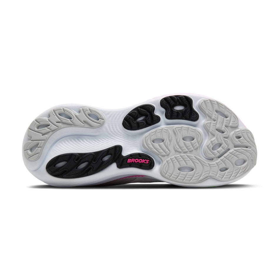 The outsole of the right shoe from a pair of Brooks Women's Adrenaline GTS 25 1D Running Shoes in the Oyster/Pink/Green colourway.