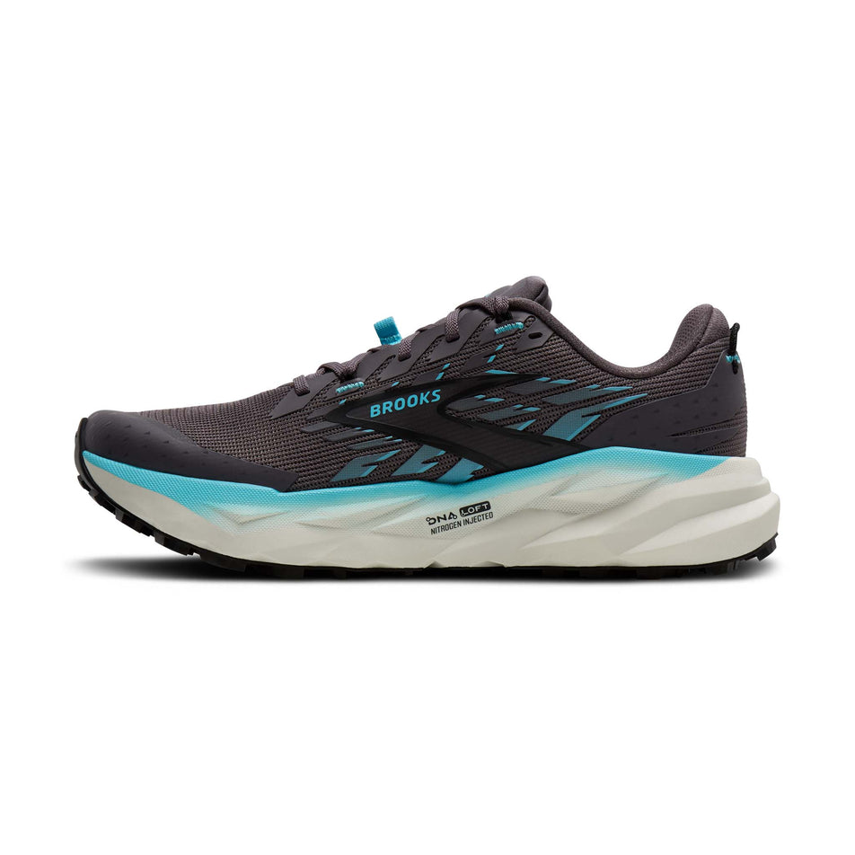 Medial view of the right shoe from a pair of Brooks Women's Cascadia 19 Running Shoes in the Rabbit/Black/Bluefish colourway.