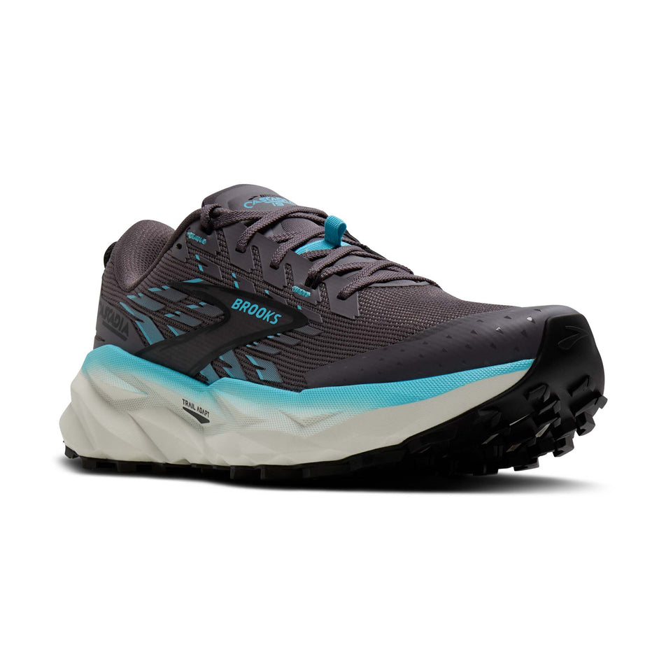 Lateral view of the right shoe from a pair of Brooks Women's Cascadia 19 Running Shoes in the Rabbit/Black/Bluefish colourway.