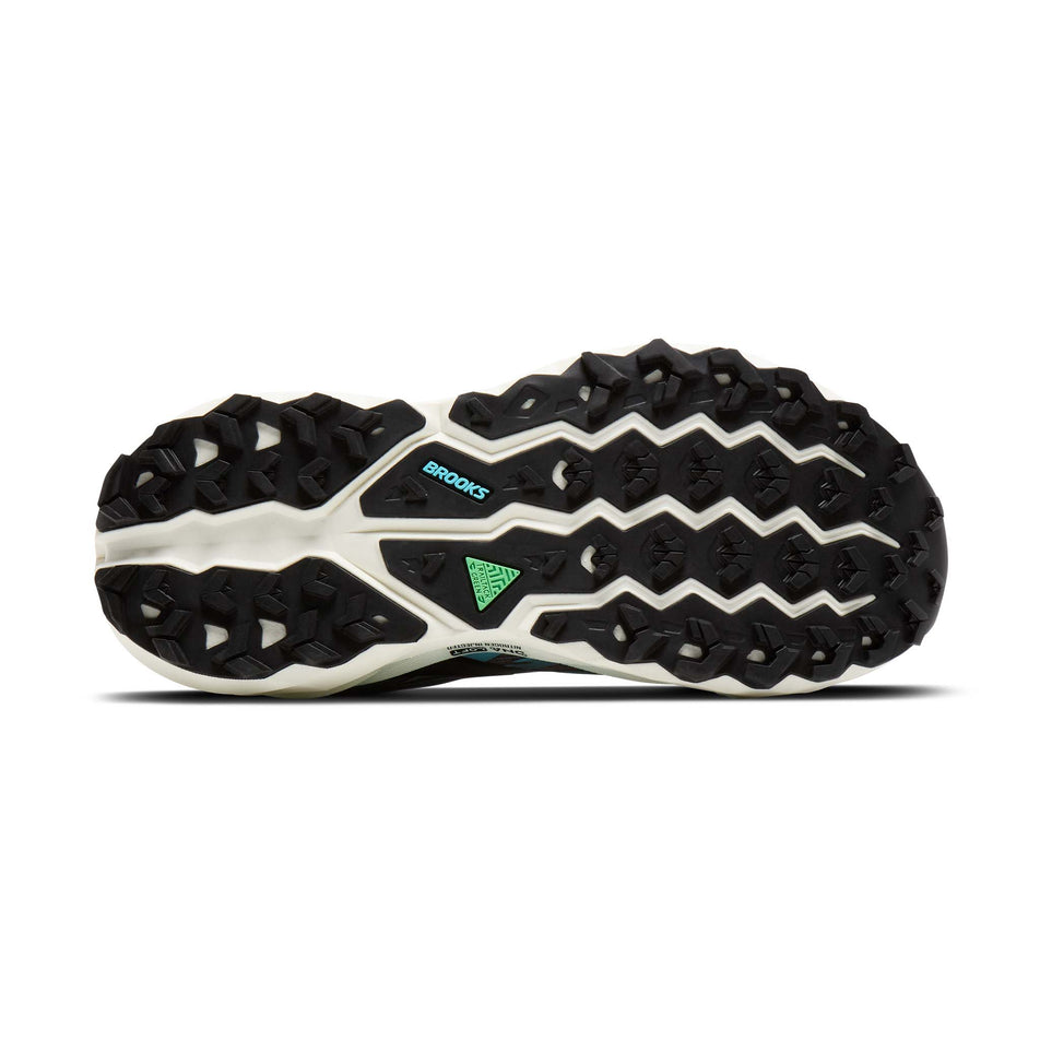 The outsole of the right shoe from a pair of Brooks Women's Cascadia 19 Running Shoes in the Rabbit/Black/Bluefish colourway.