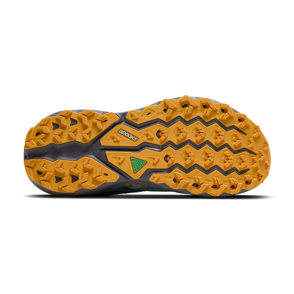 The outsole of the right shoe from a pair of Brooks Women's Cascadia 19 Running Shoes in the Clearwater/Primer Grey/Apricot colourway. (8655856599202)