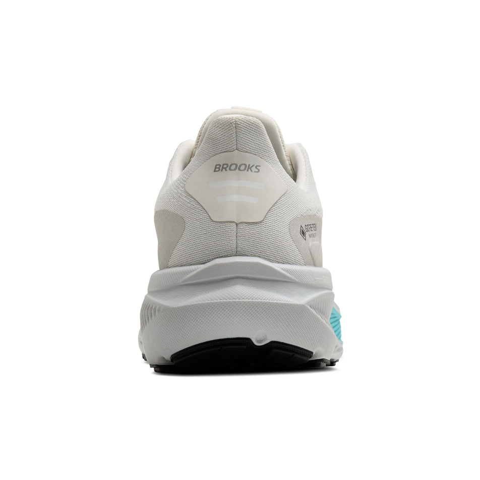 The back of the right shoe from a pair of Brooks Women's Ghost 17 GTX Running Shoes in the Coconut/Oyster/Blue colourway. (8655779528866)