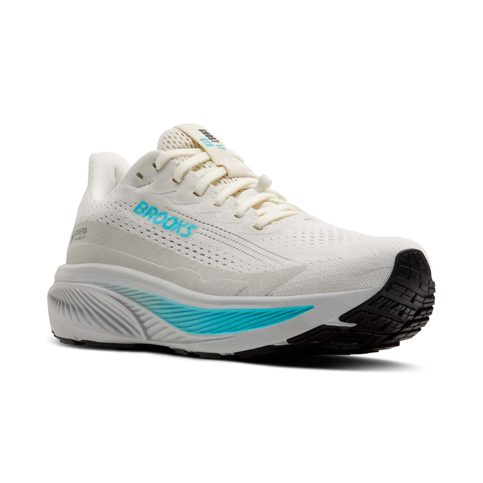 Lateral view of the right shoe from a pair of Brooks Women's Ghost 17 GTX Running Shoes in the Coconut/Oyster/Blue colourway. (8655779528866)