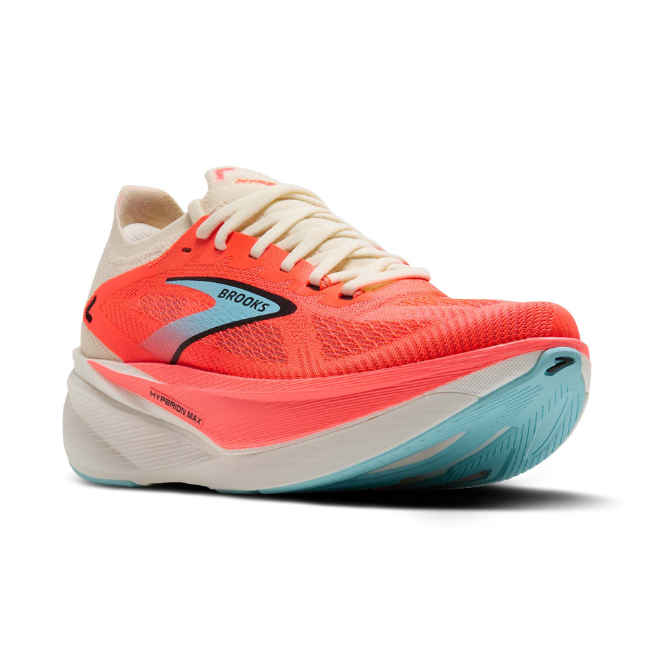 Lateral view of the right shoe from a pair of Brooks Women's Hyperion Max 3 Running Shoes in the Coconut/Fiery Coral/Atomizer colourway. (8655879110818)