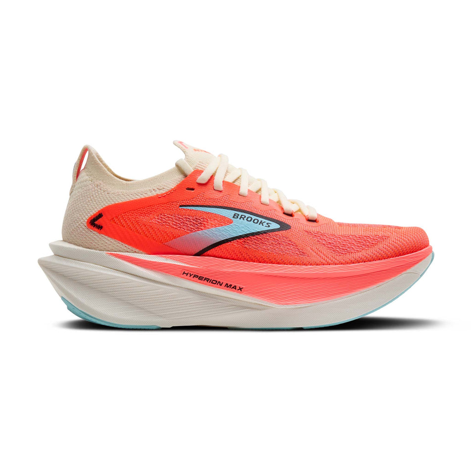 Lateral view of the right shoe from a pair of Brooks Women's Hyperion Max 3 Running Shoes in the Coconut/Fiery Coral/Atomizer colourway. (8655879110818)