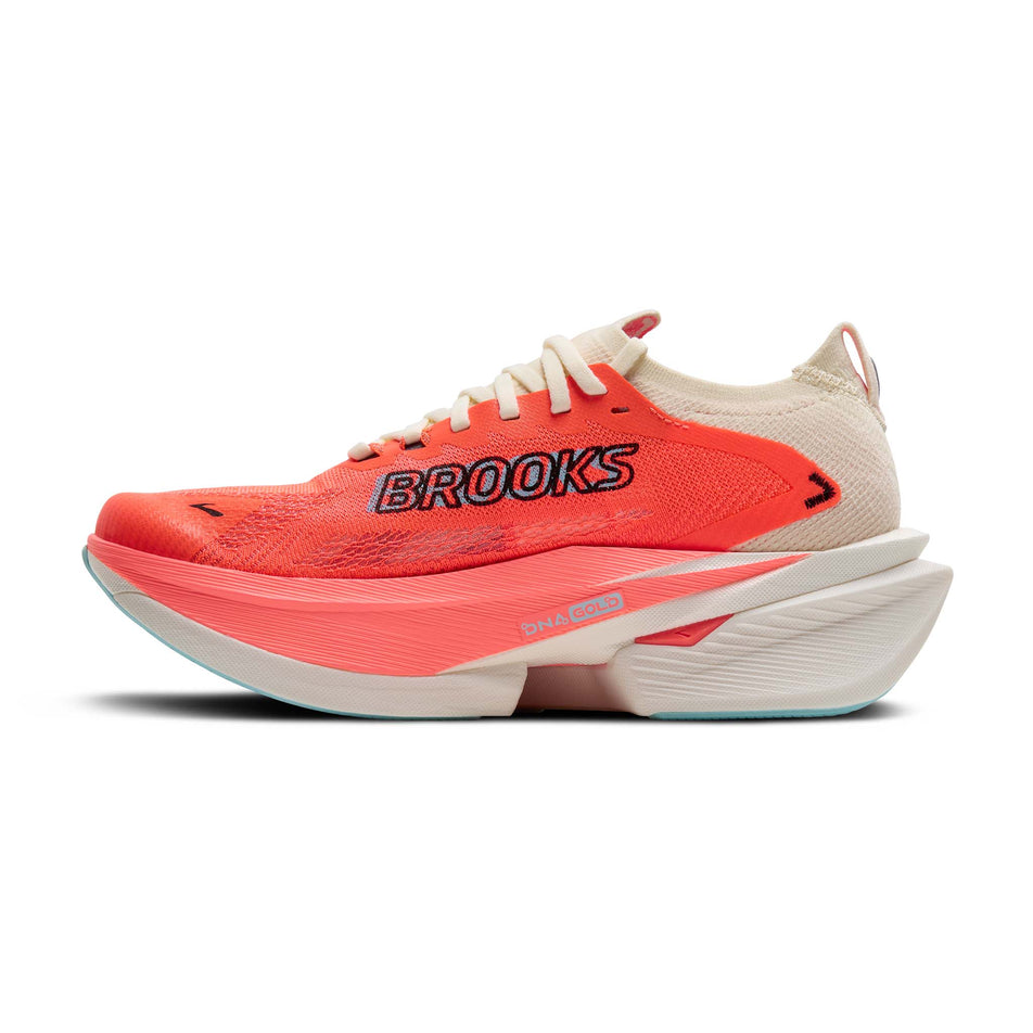 Medial view of the right shoe from a pair of Brooks Women's Hyperion Max 3 Running Shoes in the Coconut/Fiery Coral/Atomizer colourway. (8655879110818)