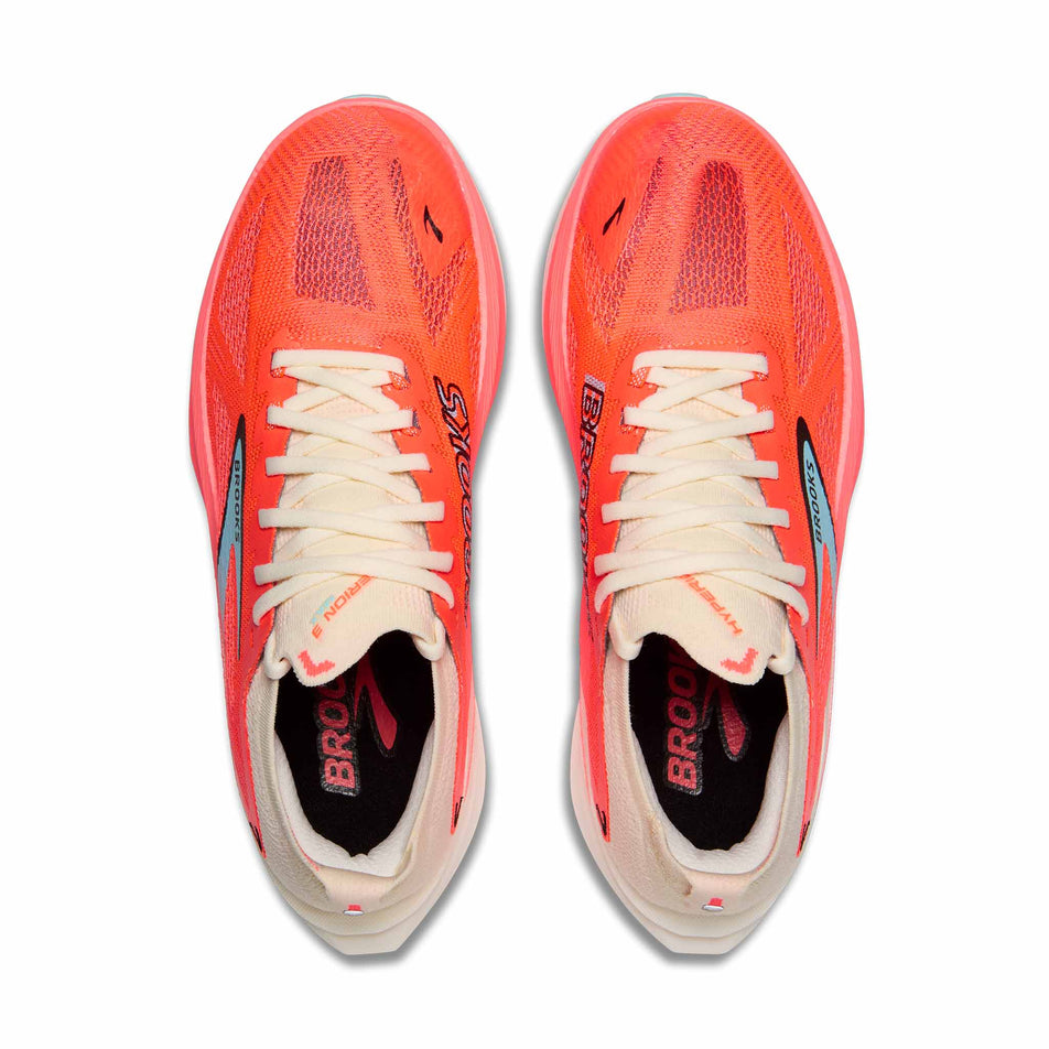 Lateral view of the right shoe from a pair of Brooks Women's Hyperion Max 3 Running Shoes in the Coconut/Fiery Coral/Atomizer colourway. (8655879110818)