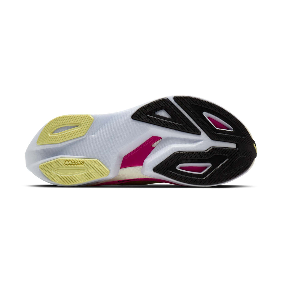 The outsole of the right shoe from a pair of Brooks Women's Hyperion Max 3 Running Shoes in the Luminary/Cyber Pink/Black colourway.