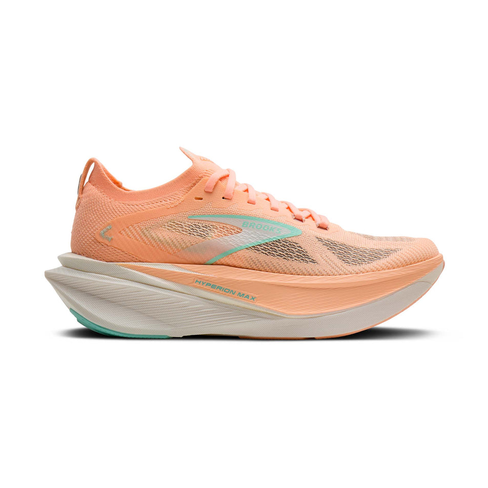 Lateral view of the right shoe from a pair of Brooks Women's Hyperion Max 3 Running Shoes in the Coral/Yucca/Coconut colourway.