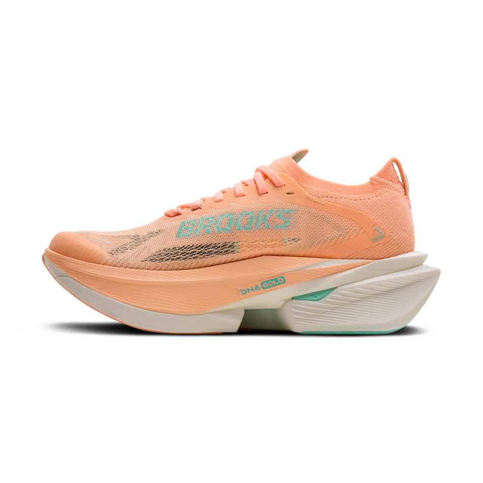 Medial view of the right shoe from a pair of Brooks Women's Hyperion Max 3 Running Shoes in the Coral/Yucca/Coconut colourway.