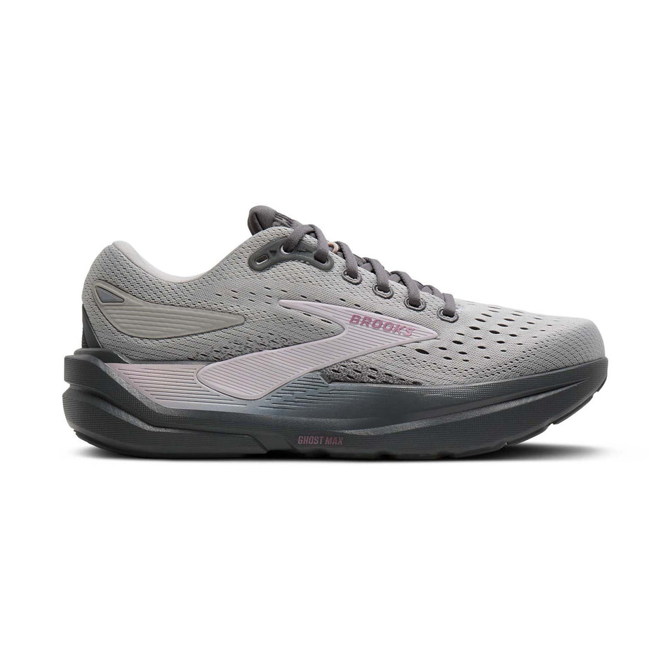 Lateral view of the right shoe from a pair of Brooks Women's Ghost Max 3 Running Shoes in the Harbor Mist/Poppy Seed/Pink colourway.