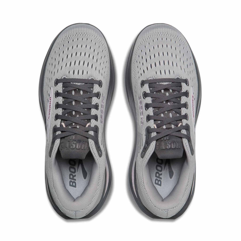 The uppers of a pair of Brooks Women's Ghost Max 3 Running Shoes in the Harbor Mist/Poppy Seed/Pink colourway.