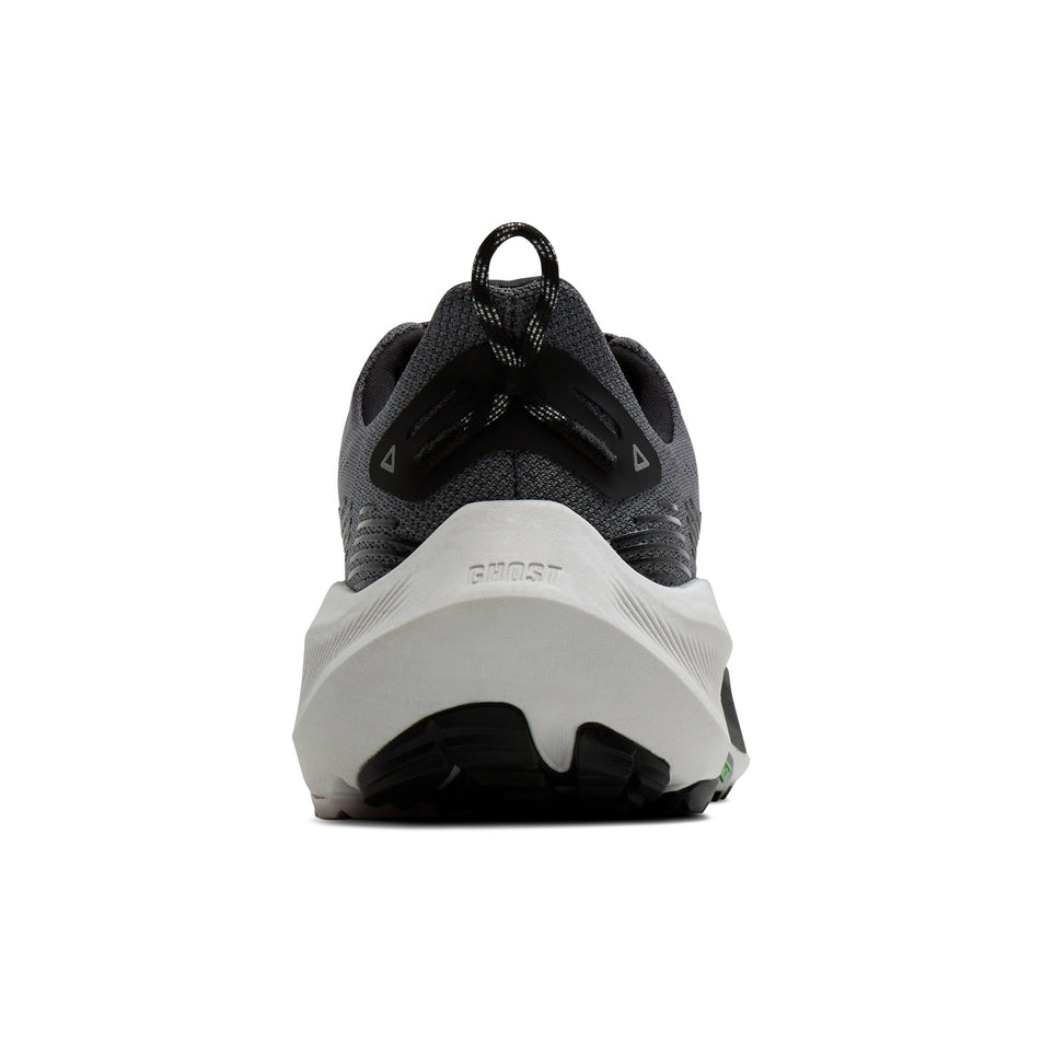 The back of the right shoe from a pair of Brooks Women's Ghost Trail Running Shoes in the Poppy Seed/Black/Pink colourway.