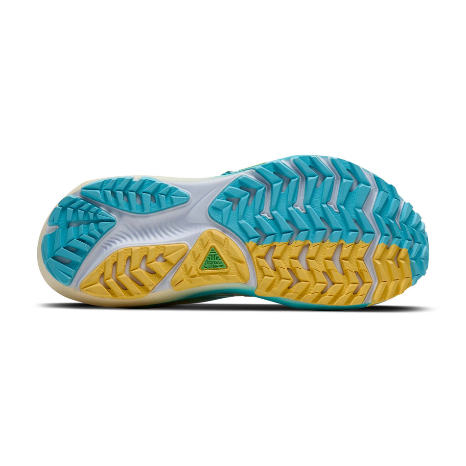 The outsole of the right shoe from a pair of Brooks Women's Ghost Trail Running Shoes in the Sand/Star White/Golden Hour colourway.