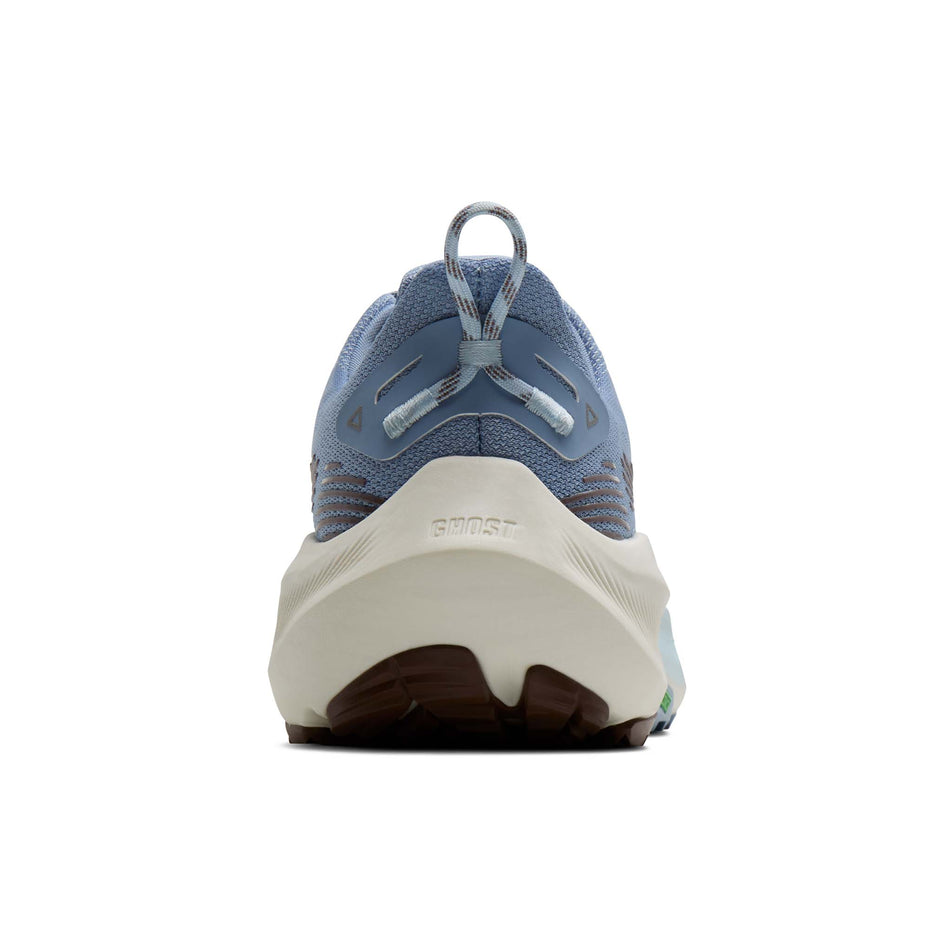 The back of the right shoe from a pair of Brooks Women's Ghost Trail Running Shoes in the Blue/Blue/Brown colourway.