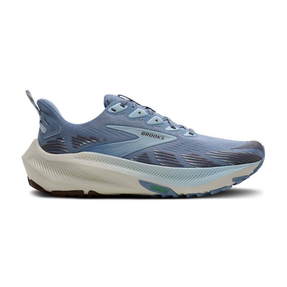 Lateral view of the right shoe from a pair of Brooks Women's Ghost Trail Running Shoes in the Blue/Blue/Brown colourway.